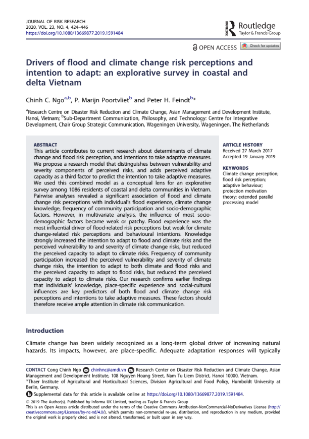 Drivers of flood and climate change risk perceptions and intention to adapt an explorative survey in coastal and delta Vietnam