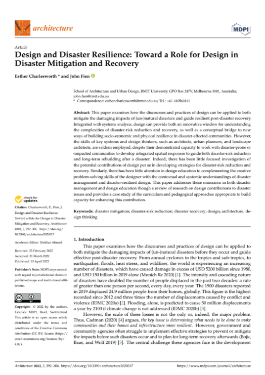 Design and Disaster Resilience: Toward a Role for Design in Disaster Mitigation and Recovery